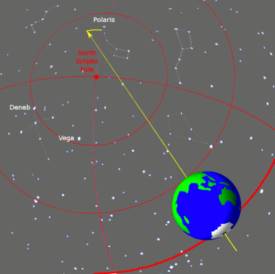 An animated gif showing the earth rotating and wobbling, with the northern pole of its axis of rotation inscribing a circle on the sky